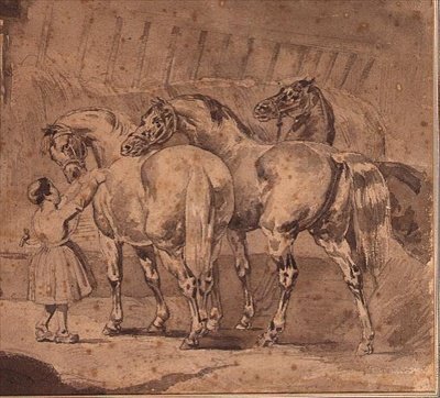 Petite fille nourrissant des chevaux dans une écurie - Theodore (attr. to) Gericault