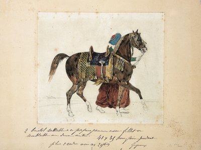 Un cheval harnaché conduit par un mamelouk, deux pyramides en arrière-plan - Theodore Gericault