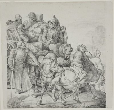 Chariot Tiré par des Chevaux Plein de Soldats Blessés, lithographie par C. Motte - Theodore Gericault
