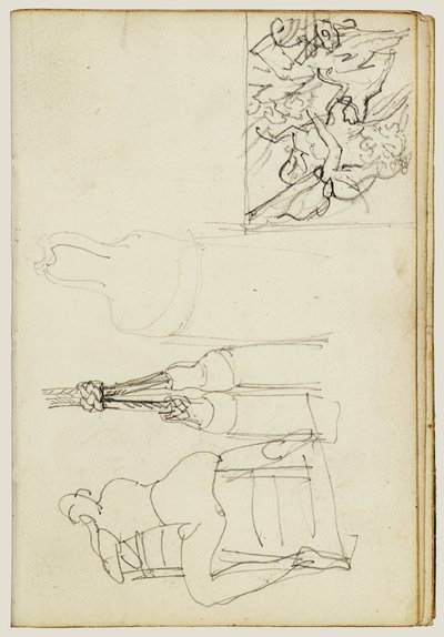Des pompons, personnage assis vu de dos derrière une chaise, esquisse en miniature du « Chasseur à la charge » - Theodore Gericault