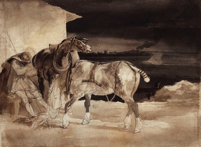Deux chevaux et un palefrenier endormi, vers 1822-1823 - Theodore Gericault