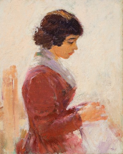 Fille en rouge, cousant - Theodore Robinson