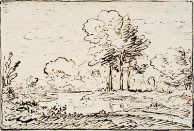Paysage avec trois grands arbres près d