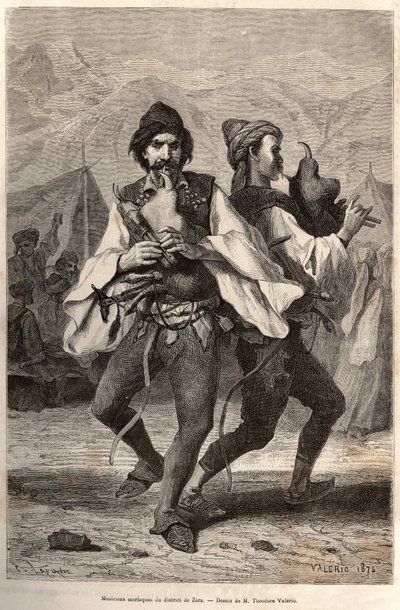 Musiciens Morlac (ou Monténégrins) du district de Zara, portant le costume local : chemise en toile blanche et par-dessus un gilet brodé, une ceinture cloutée de cuivre et d