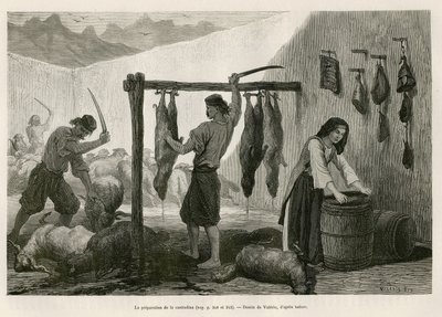 La préparation de la castradina, spécialité de viande de mouton et de chèvre salée et boucanée, vers la fin octobre, en Dalmatie (Istrie et Herzégovine) (illustration du voyage au Monténégro, 1874, par Charles Yriarte) - Theodore Valerio