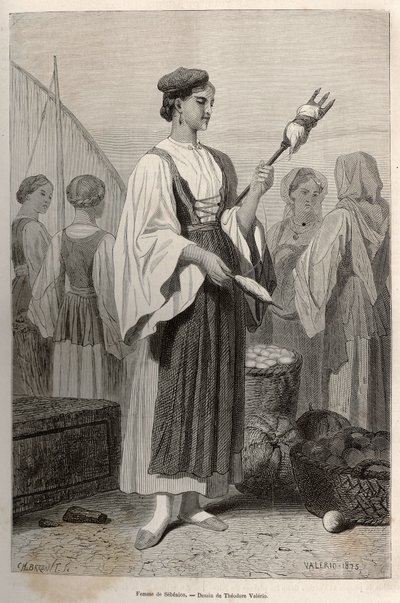 Femme de Sebenico (Serbie), utilisant des fuseaux pour filer la laine, sur la place du marché. Gravure d