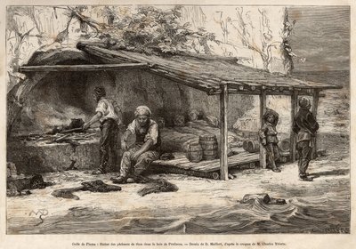 Un pavillon de pêche au thon dans la baie de Proelucca, golfe de Fiume (ou Rijeka, Istrie), trois des pêcheurs dorment encore, enveloppés dans des couvertures, un autre s
