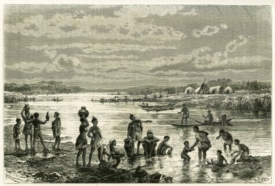 Vie sur les rives du fleuve Zambèze, les marutses sont très préoccupés par leur propreté et le lavage pour eux est une activité de première nécessité. Gravure de Th. Weber, pour illustrer l