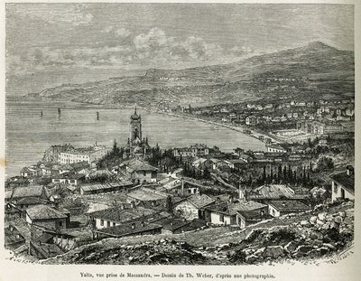 La ville de Yalta, prise de Massandra, dessin de Th.Weber, pour illustrer l