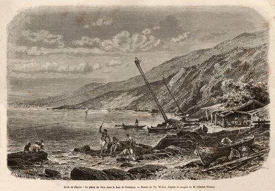 Pêche au thon dans la baie de Proelucca (golfe de Fiume ou Rijeka, Istrie). Gravure pour illustrer une histoire sur la Dalmatie - Theodore Weber