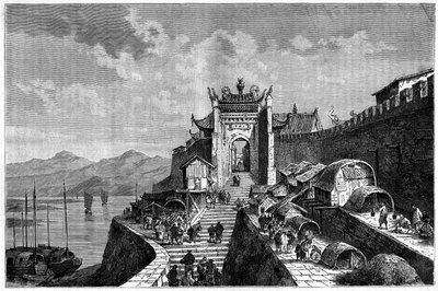 Vue de la porte de Shanghai sur le fleuve Huangpu, Chine dans les années 1870-1880. Gravure d