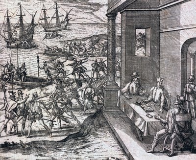 Accord entre Francisco Pizarro, Diego de Almagro et Hernando de Luque pour explorer et exploiter le Pérou - Theodore de Bry