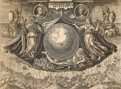 Allégorie des Indes occidentales ou des Amériques, avec portraits des navigateurs Christophe Colomb et Amerigo Vespucci - Theodore de Bry