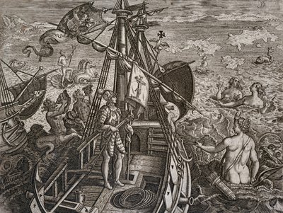 Allégorie du voyage de Christophe Colomb à la découverte du Nouveau Monde, gravure par Theodor de Bry - Theodore de Bry
