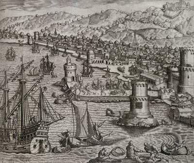Arrivée de Girolamo Benzoni dans le port de Las Palmas lors de son voyage en Amérique (1541), Îles Canaries, gravure de Theodor de Bry (1528-1598) - Theodore de Bry