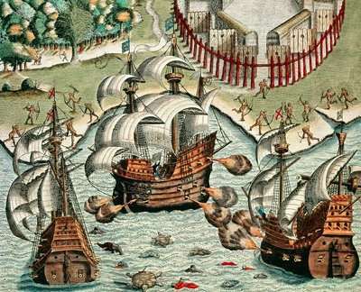 Bataille entre les Français et les Portugais au large de Buttugar - Theodore de Bry