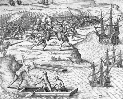 Bataille en Jamaïque entre Christophe Colomb et Francisco Poraz, 1504 1631 - Theodore de Bry