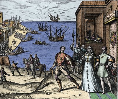 Christophe Colomb et les frères Pinzon quittant le port de Palos en Espagne le 03/08/1492 pour le Nouveau Monde. À droite, le roi et la reine catholiques du Portugal Ferdinand II d