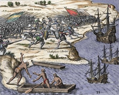 Quatrième voyage de Christophe Colomb en Jamaïque en 1502-1504 : bataille contre Francisco Poraz. Gravure de "Historia Americae sive Novi Orbis" par Theodor de Bry (1527-1598), Amsterdam 1594 - Theodore de Bry