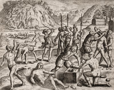 Description des crimes infligés aux Indiens par les colons espagnols - Conquistadors massacrant un village indien. Amputations des mains - Gravure de Théodore de Bry dans "Narratio regionum indicarum per Hispanos quosdam devastatarum verissima" par Bartolo - Theodore de Bry