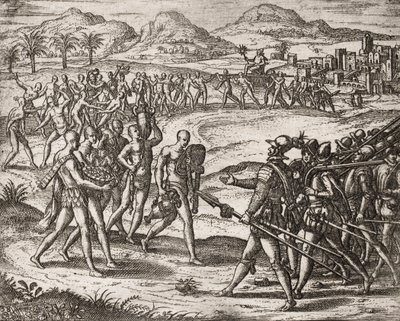 Description des crimes infligés aux Indiens par les colons espagnols - Indiens apportant des cadeaux et de l