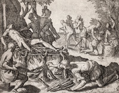 Description des crimes infligés aux Indiens par les colons espagnols - Scène de torture des Indiens par les conquistadors espagnols. Torture sur un grill, amputation des mains - Gravure de Théodore de Bry dans « Narratio regionum indicarum per Hispanos quo - Theodore de Bry