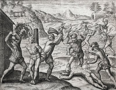 Description des crimes infligés aux Indiens par les colons espagnols - Espagnols torturant des Indiens - Gravure de Théodore de Bry dans « Brevisima Relacion de la Destruction de las Indias » par Bartolomé de las Casas (1484-1566) - Theodore de Bry