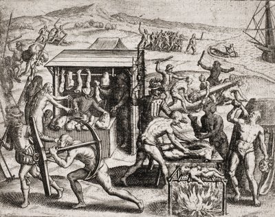 Description des crimes infligés aux Indiens par les colons espagnols - Les conquistadors espagnols faisant travailler les Indiens et les maltraitant - Indiens anthropophages - Gravure de Théodore de Bry dans "Narratio regionum indicarum per Hispanos quosda - Theodore de Bry