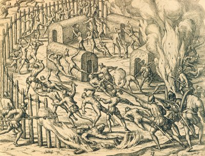 Conquérants européens attaquant un village indien, Illustration de l