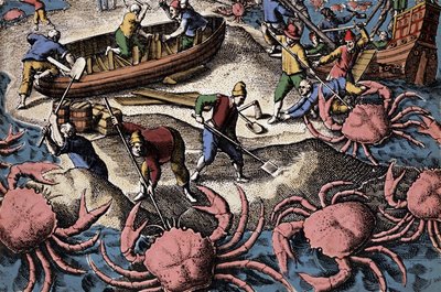 Navigateurs européens combattant un gros crabe. Gravure de "Petites voyages aux Indes Orientales" par Theodore de Bry - Theodore de Bry