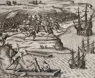 Combat entre Christophe Colomb et Francesco Poresio en Jamaïque, gravure de Theodor de Bry (1528-1598) - Theodore de Bry