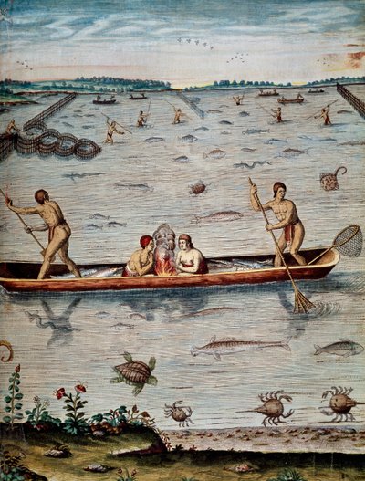 Techniques de pêche des indigènes en Virginie, gravure de Theodor de Bry, de Admiranda narratio - Theodore de Bry
