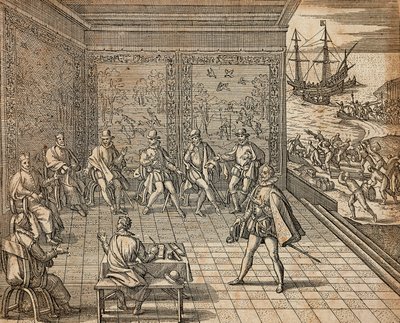Francesco Pizarro se préparant pour son expédition en Amérique du Sud - Theodore de Bry