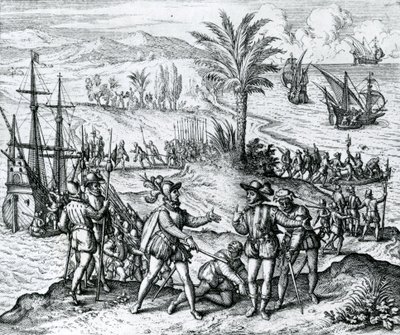 Francisco de Bobadilla arrivant comme gouverneur et arrêtant Christophe Colomb (1451-1506) à Hispaniola, 1500, 1590 - Theodore de Bry