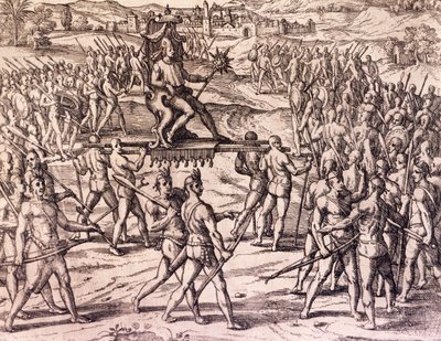 Empereur Inca Atahualpa vaincu par les troupes espagnoles de Francisco Pizarro - Theodore de Bry