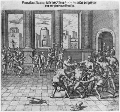 Le roi Atahualpa exécuté à Cajamarca sur ordre de Francisco Pizarro - Theodore de Bry