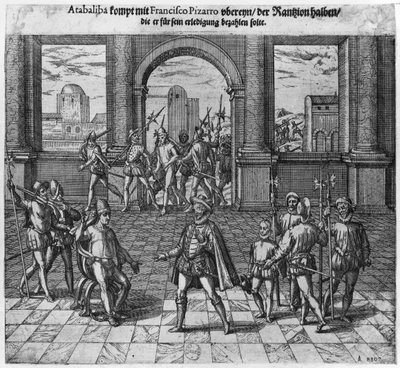 Le roi Atahualpa (c.1502-33) négociant sa rançon avec Francisco Pizarro, 1533 (gravure) - Theodore de Bry