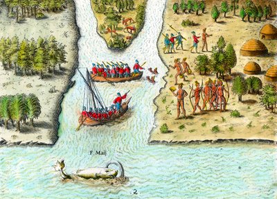 Navigation des Français en Amérique du Sud au 16e siècle. Une baleine est représentée. Gravure de « Histoire de l