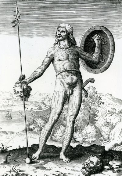 Homme picte tenant une tête humaine - Theodore de Bry