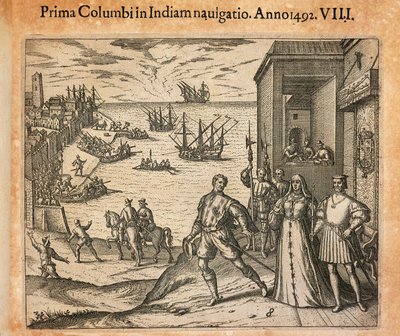 La reine Isabelle et le roi Ferdinand saluant le départ de Christophe Colomb à Palos, Espagne, gravure de Theodor de Bry - Theodore de Bry