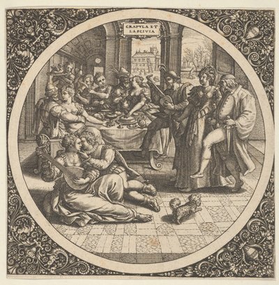 Scène avec des galants à un banquet dans un cercle au centre, 1580-1600 - Theodore de Bry