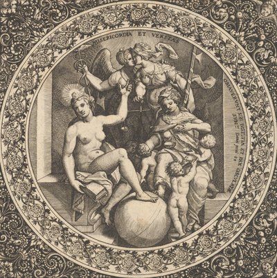 Scène avec Misericordia et Veritas dans un cercle au centre, 1580-1600 - Theodore de Bry