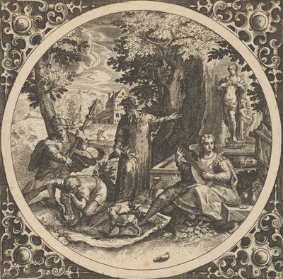 Scène avec un avertissement contre les maladies vénériennes dans un cercle au centre, 1580-1600 - Theodore de Bry