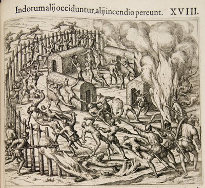 Certains Indiens sont tués, certains périssent dans un incendie. De : Americae pars qvarta - Theodore de Bry