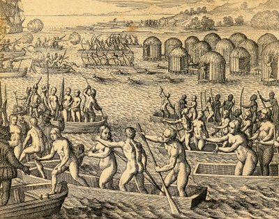 Indigènes sud-américains attaquant les navires des conquérants - Theodore de Bry