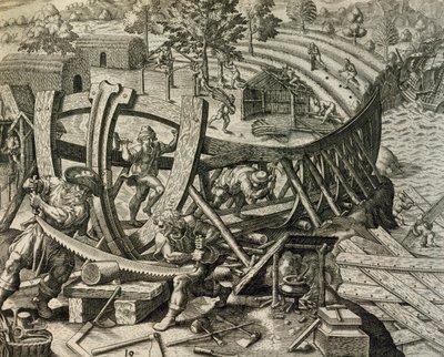Marins espagnols construisant une caravelle, gravure tirée de Historia Americae, par Theodor de Bry - Theodore de Bry
