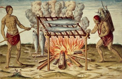 Natifs Taïnos cuisinant du poisson, gravure en couleur par Theodor de Bry d