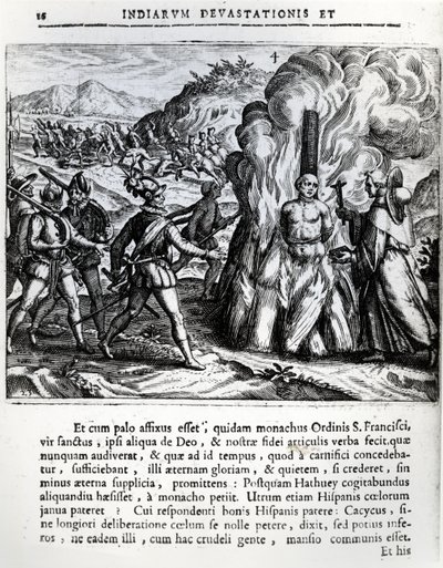 Le bûcher de Hatuey par les Espagnols à Yara, Cuba, le 2 février 1512, 1664 - Theodore de Bry