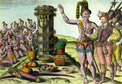 Les Floridiens sont venus à la colonne érigée par le navigateur français Jean Ribault (1520-1565) de la première expédition en Floride Gravure de l