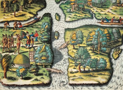 Les Français aident les indigènes à se procurer de la nourriture - Theodore de Bry